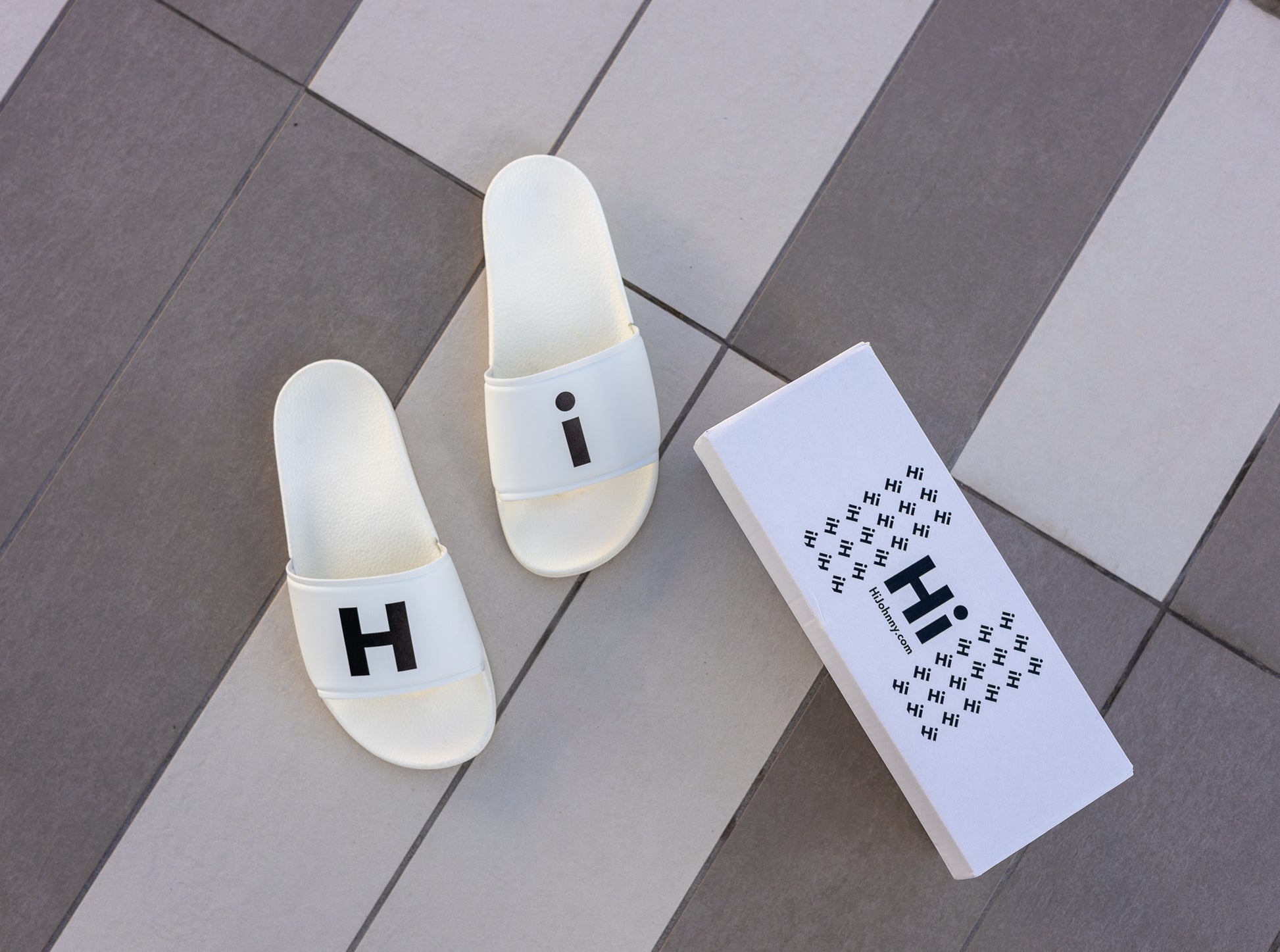 Hi H and i Flip Flop Slide Womens Sandals for Happy interactions, Hi on right flop, i on the left flop, slides that say Hi