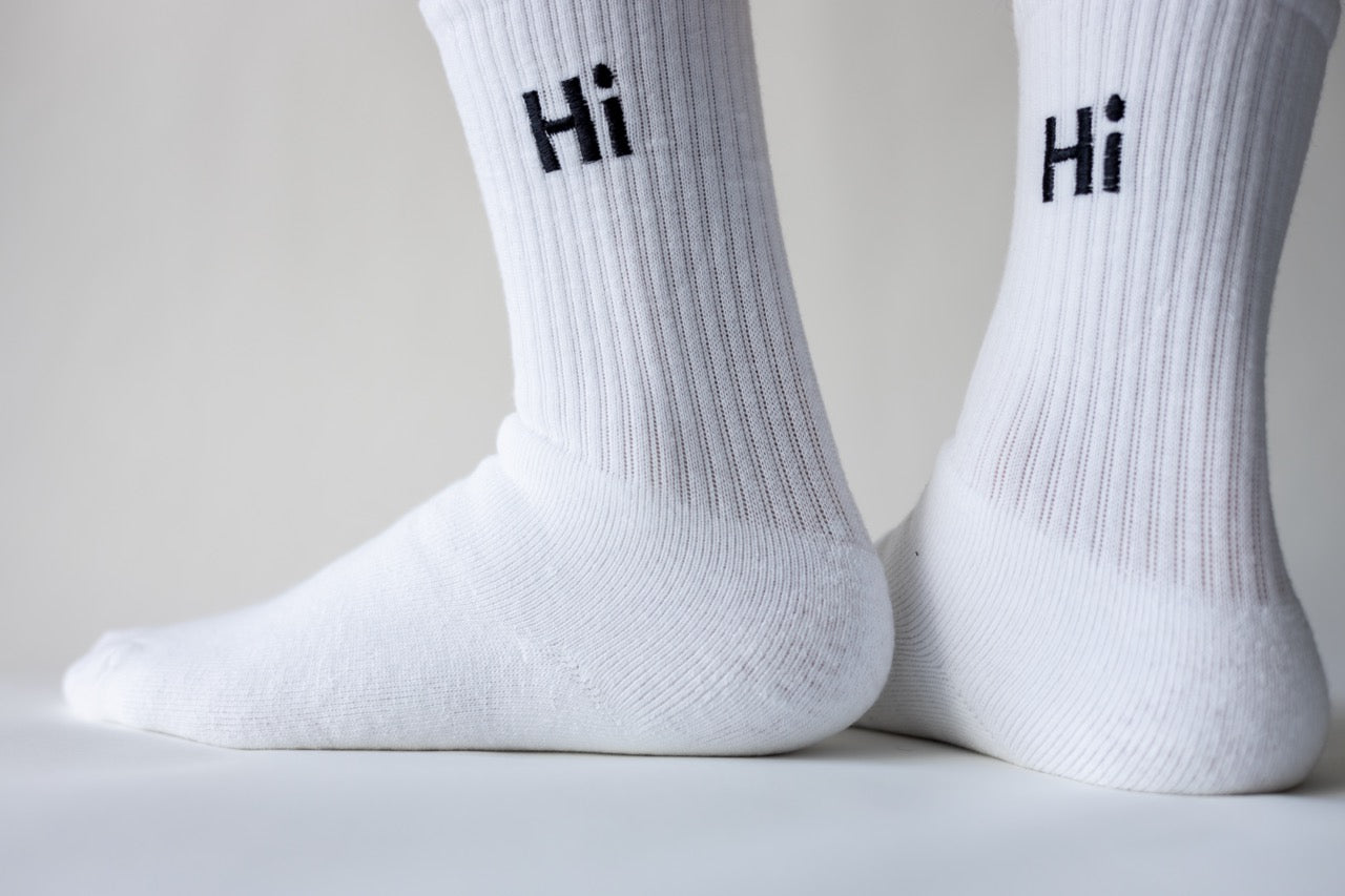 Hi High Socks, white with black Hi embroidery 