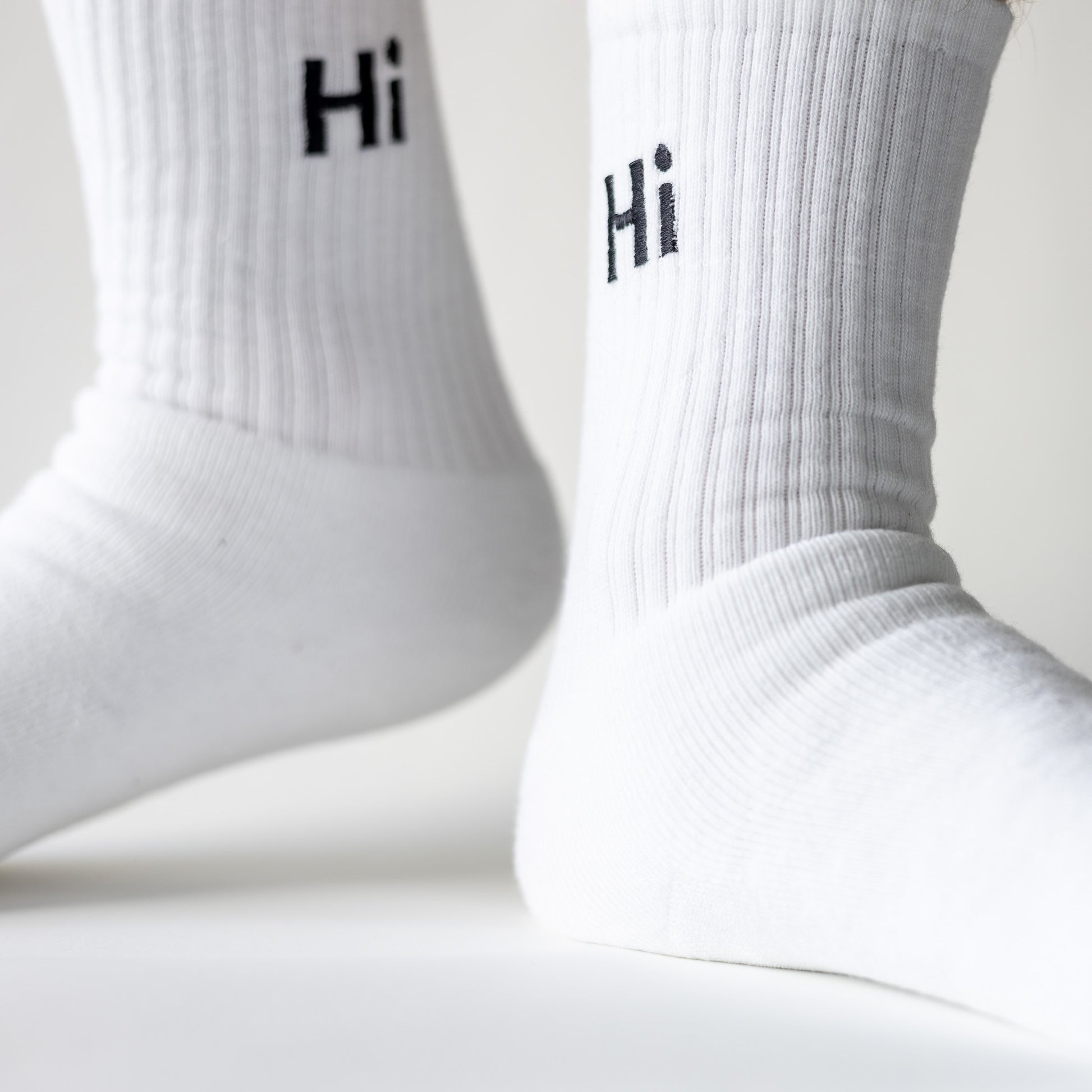 Hi High Socks, white with black Hi embroidery 