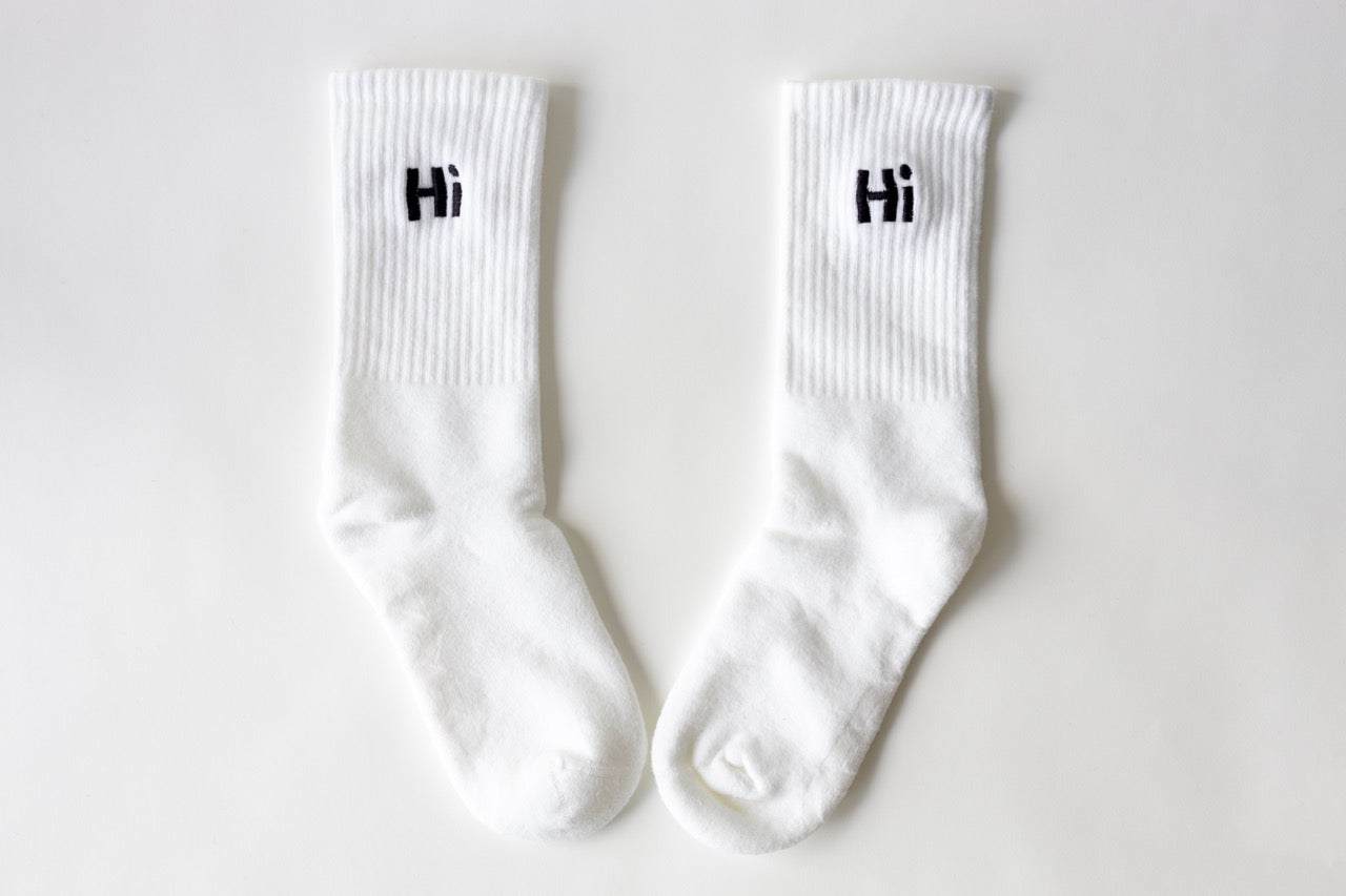 Hi High Socks, white with black Hi embroidery 