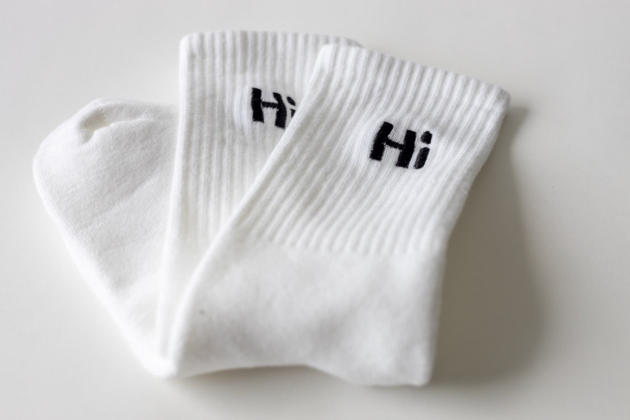 Hi High Socks, white with black Hi embroidery 