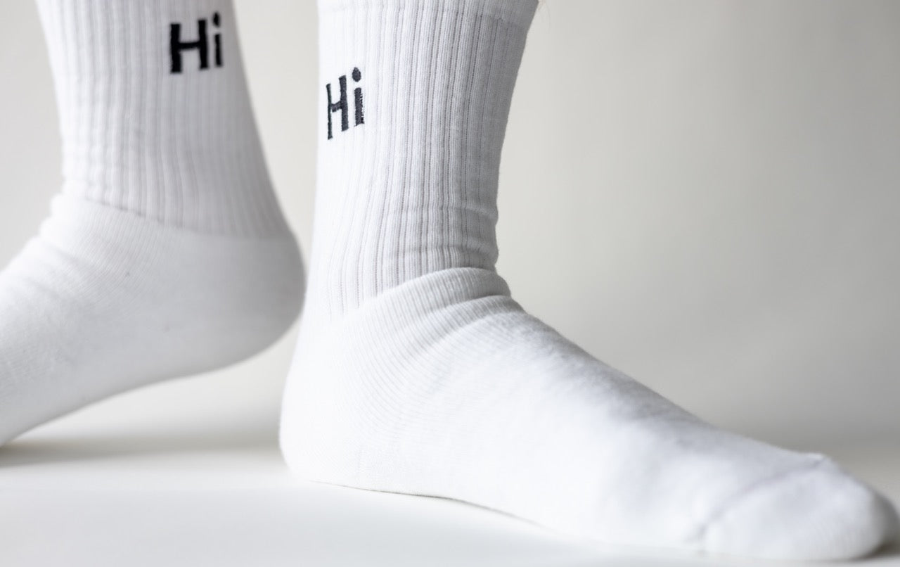 Hi High Socks, white with black Hi embroidery 
