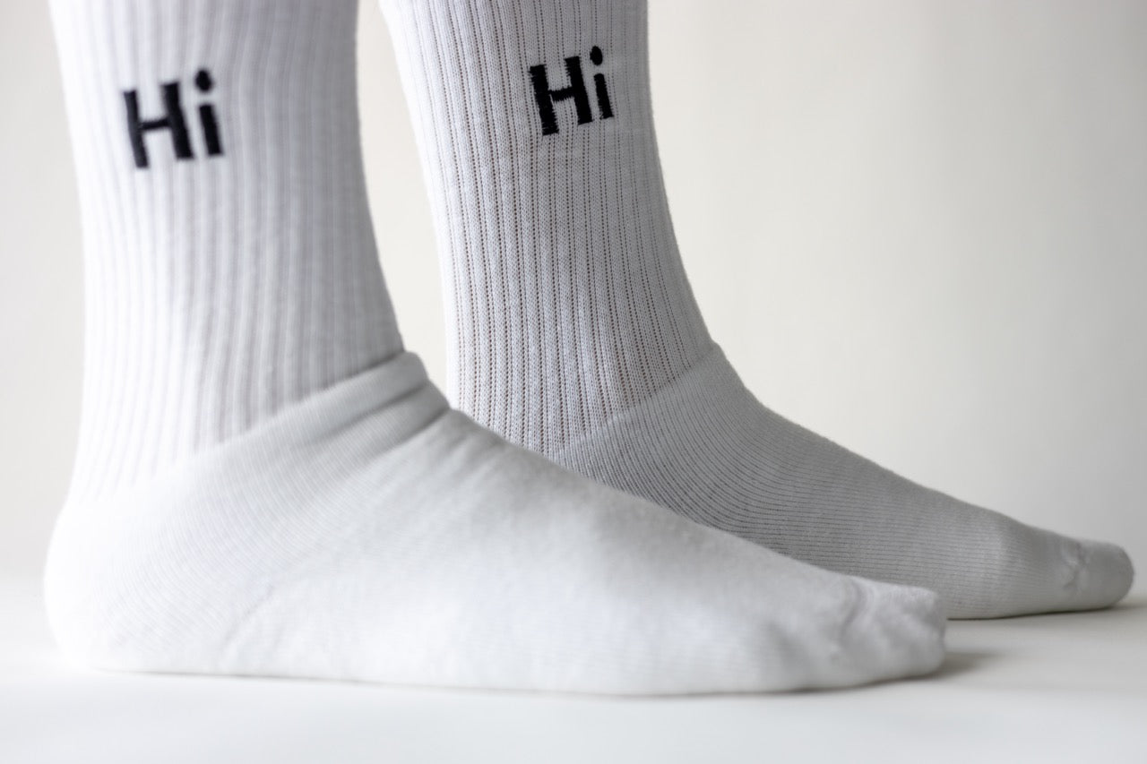 Hi High Socks, white with black Hi embroidery 