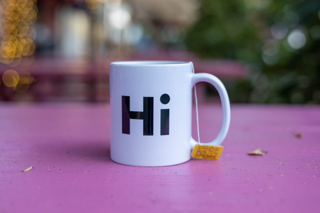Hi mug in white, created by Hi Johnny and Happy interactions