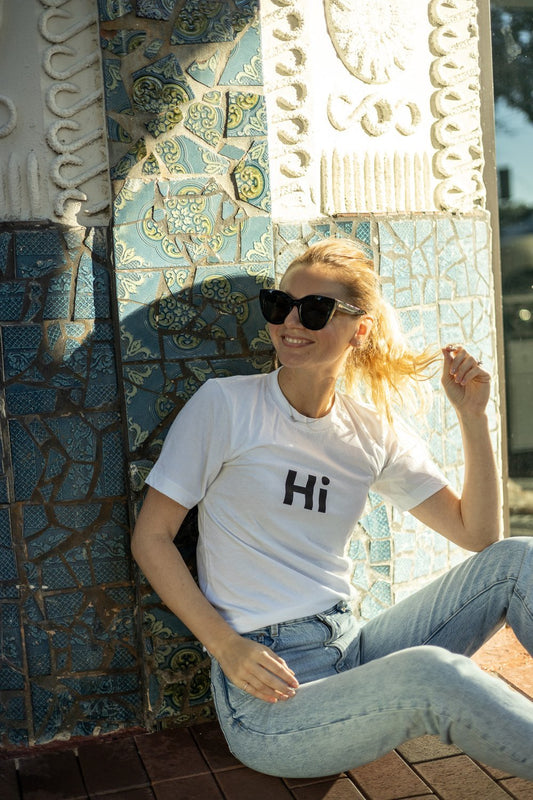 Hi Johnny Original Hi American Greeting T Shirt in white modeled by Helen P.