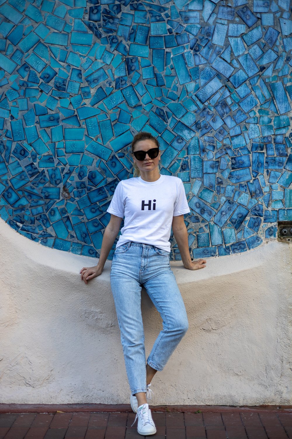 Hi Johnny Original Hi American Greeting T Shirt in white modeled by Helen P. in Coconut Grove