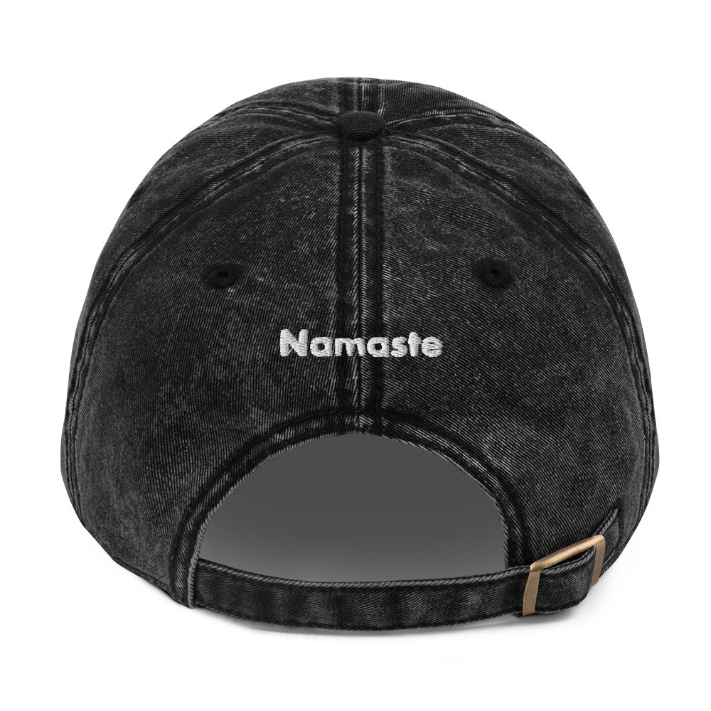 Hi Namaste Indian Greeting Vintage Hat in black back, Hi on front Namaste on back, Hi waving hand emoji on side