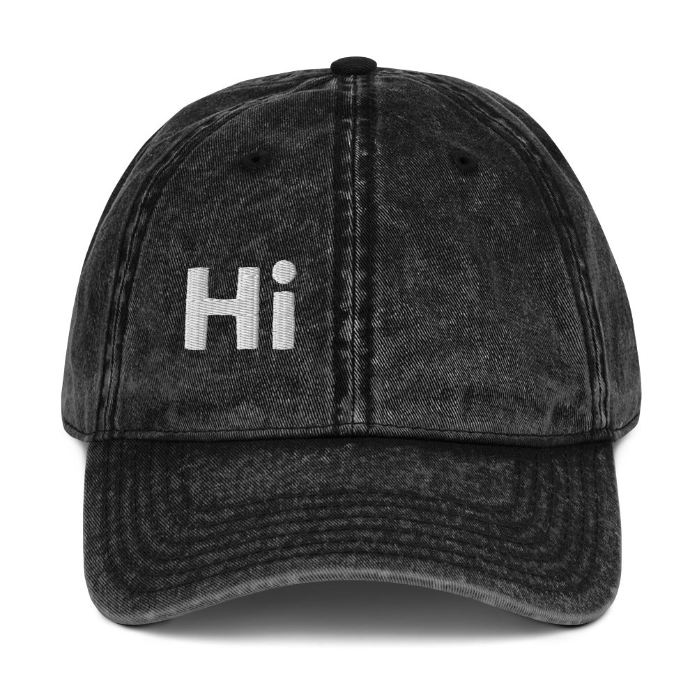 Hi Namaste Indian Greeting Vintage Hat in black front, Hi on front Namaste on back, Hi waving hand emoji on side