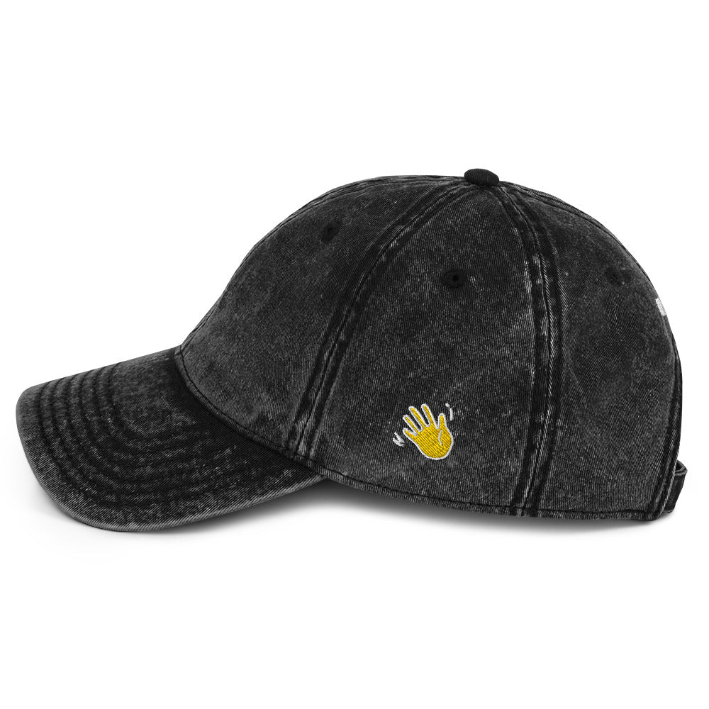 Hi Namaste Indian Greeting Vintage Hat in black left side, Hi on front Namaste on back, Hi waving hand emoji on side
