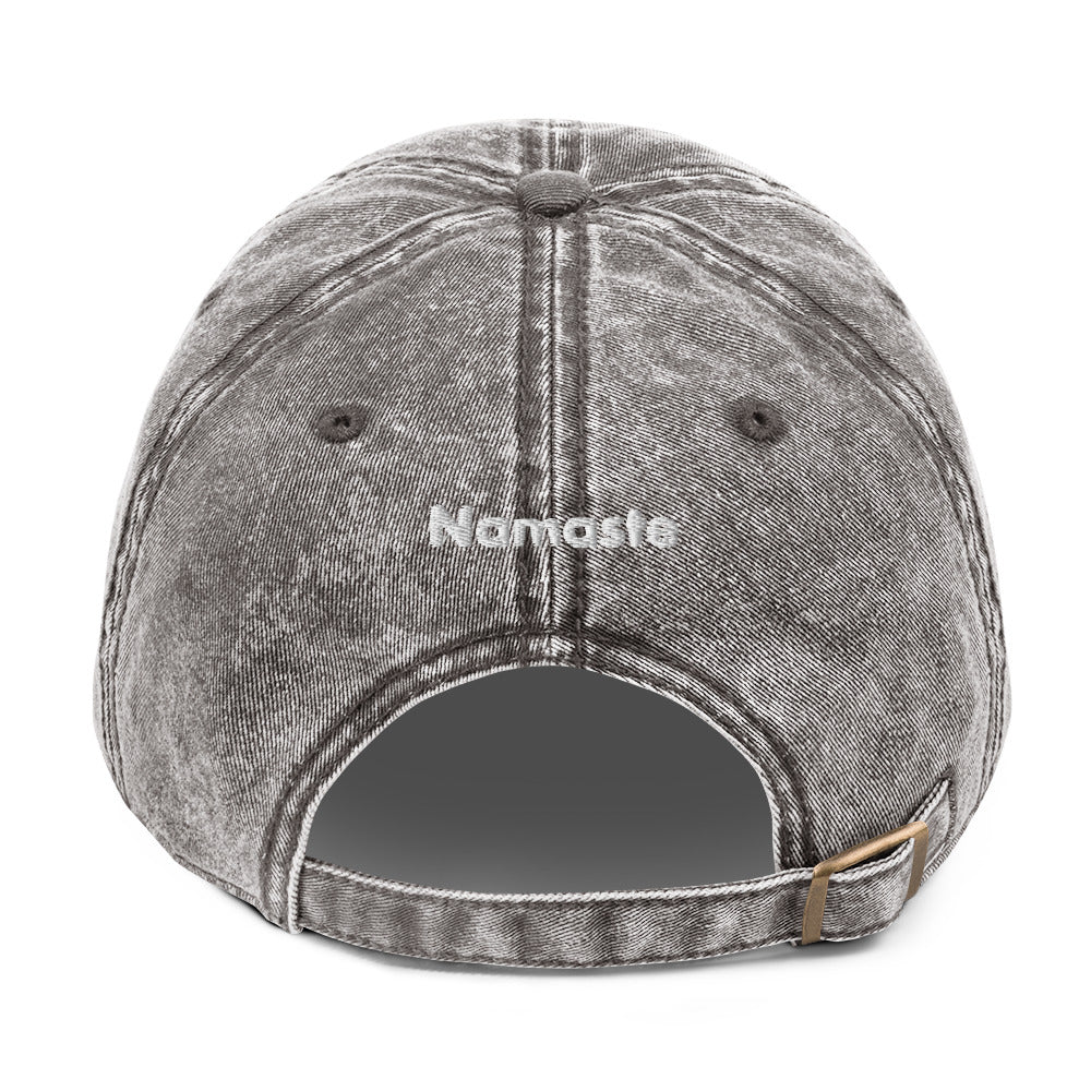 Hi Namaste Indian Greeting Vintage Hat in grey back, Hi on front Namaste on back, Hi waving hand emoji on side