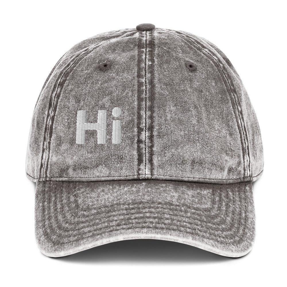 Hi Namaste Indian Greeting Vintage Hat in grey front, Hi on front Namaste on back, Hi waving hand emoji on side