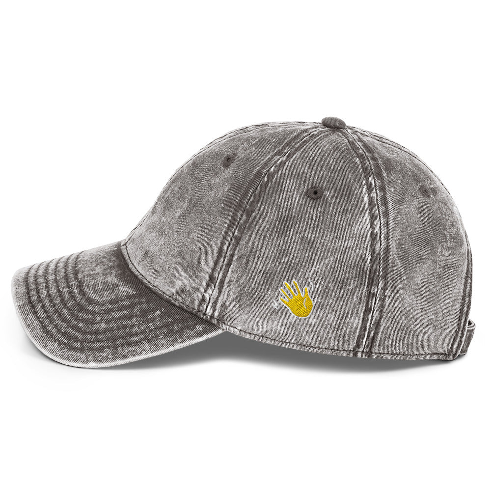 Hi Namaste Indian Greeting Vintage Hat in grey left side, Hi on front Namaste on back, Hi waving hand emoji on side