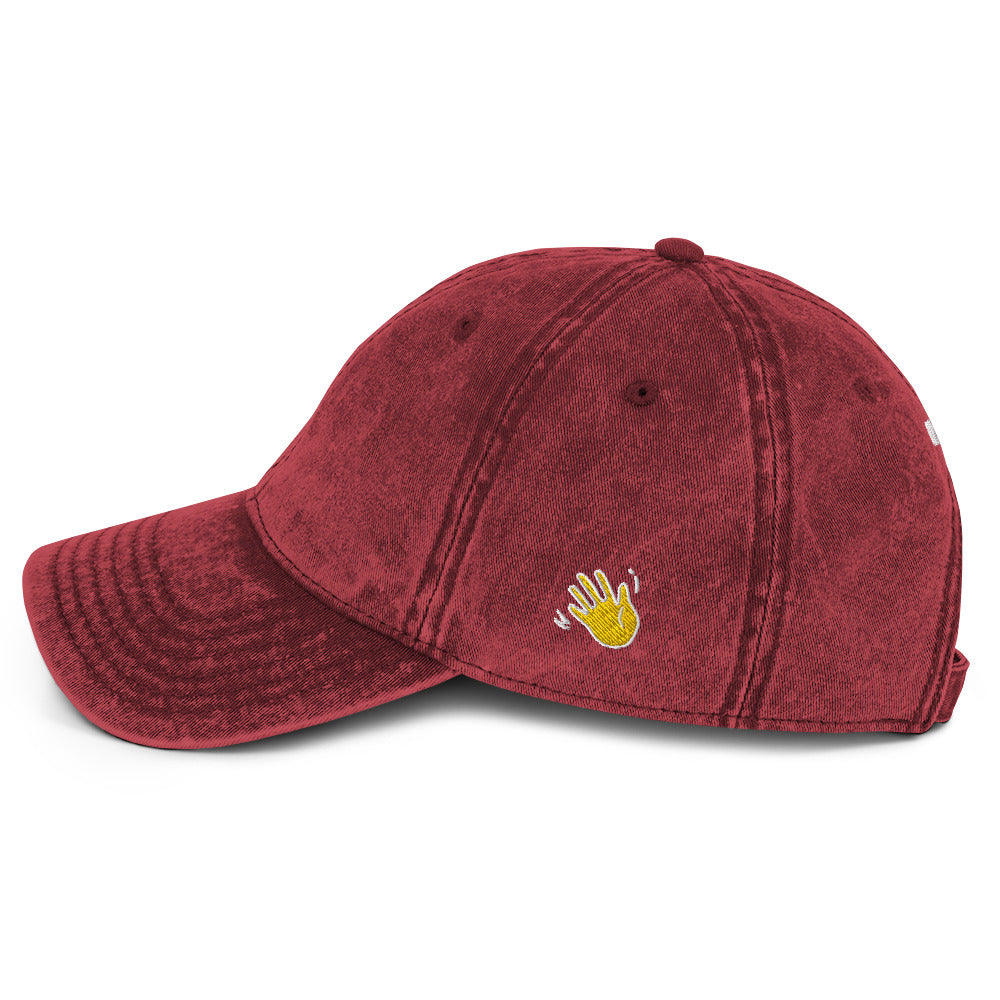Hi Namaste Indian Greeting Vintage Hat in maroon, Hi on front Namaste on back, Hi waving hand emoji on side