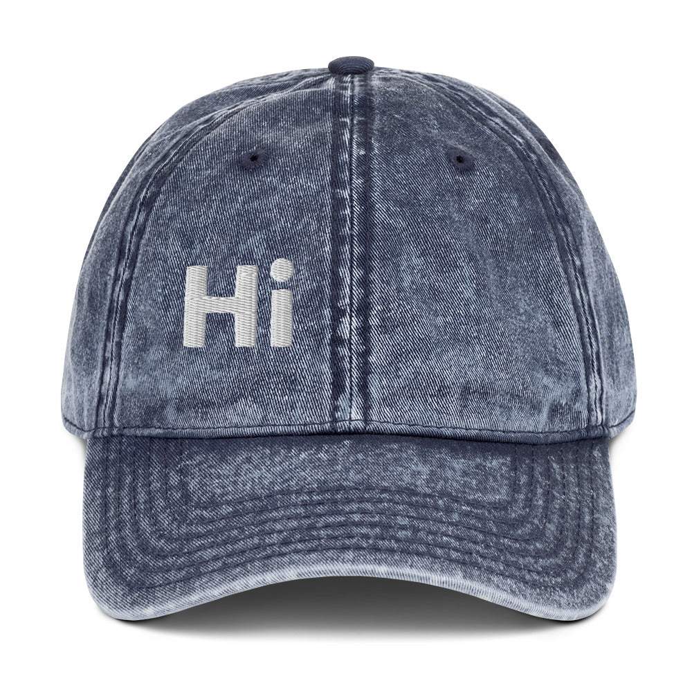 Hi Namaste Indian Greeting Vintage Hat in navy, Hi on front Namaste on back, Hi waving hand emoji on side