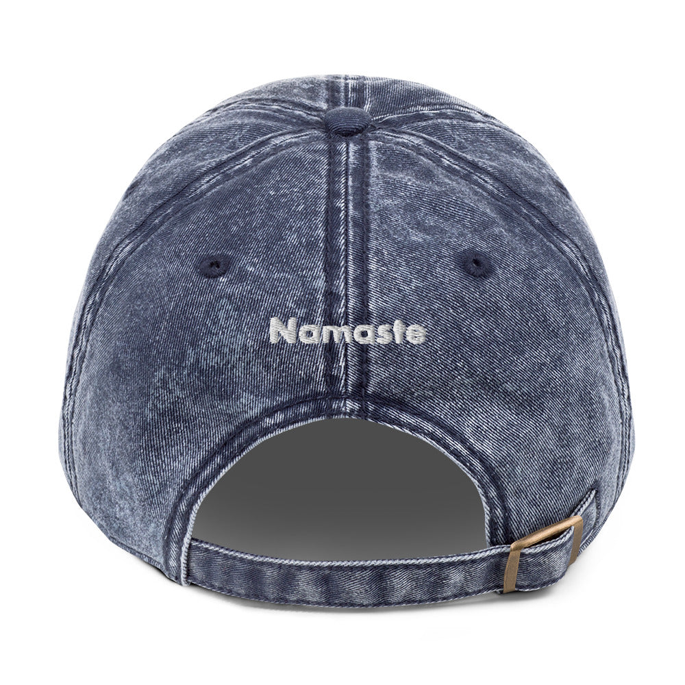 Hi Namaste Indian Greeting Vintage Hat in navy back, Hi on front Namaste on back, Hi waving hand emoji on side