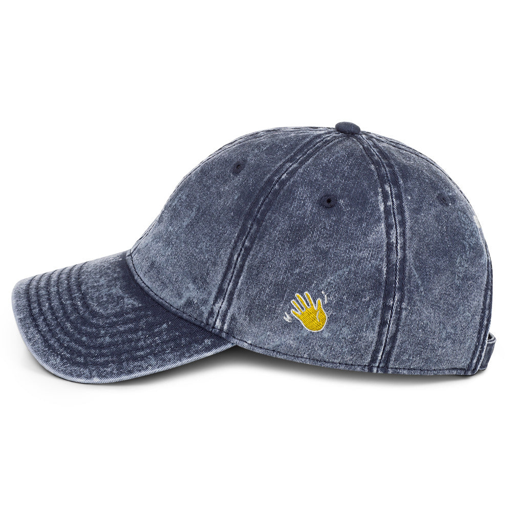 Hi Namaste Indian Greeting Vintage Hat in navy left side, Hi on front Namaste on back, Hi waving hand emoji on side