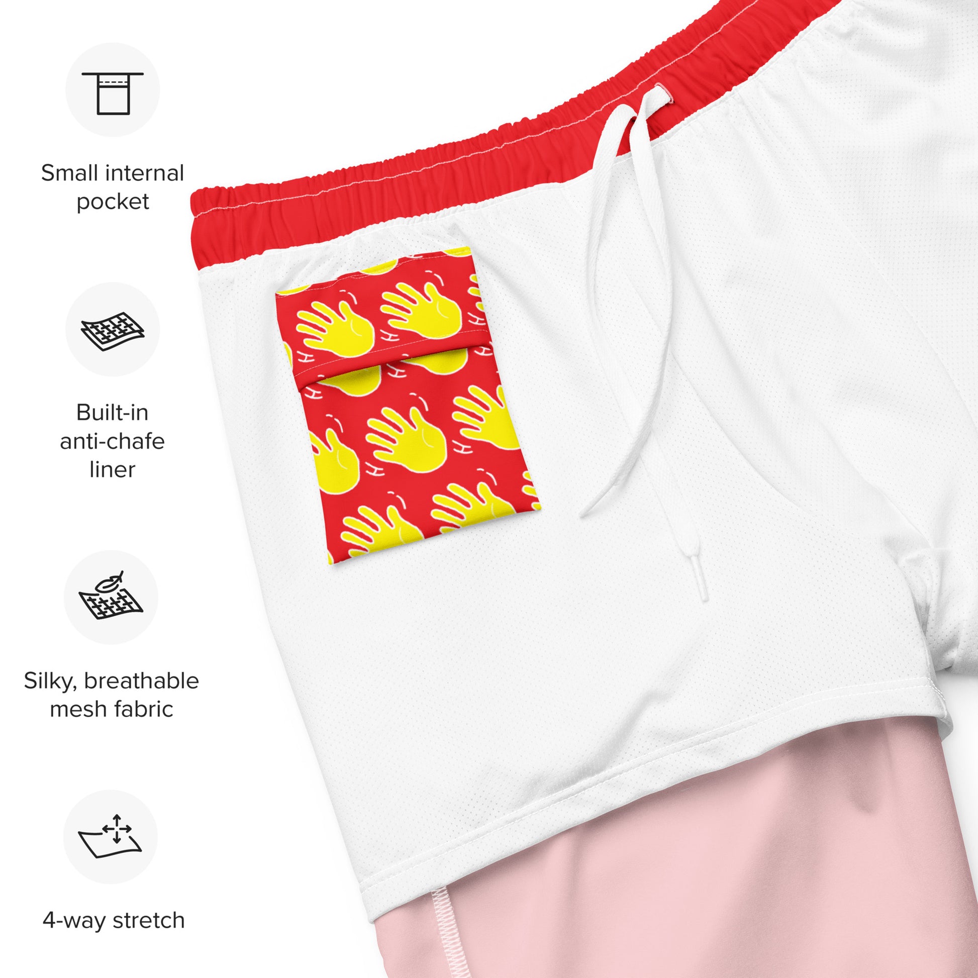 Hi Swimsuit Trunks in Red details on interior pocket detail with waving Hand Hi emoji pattern