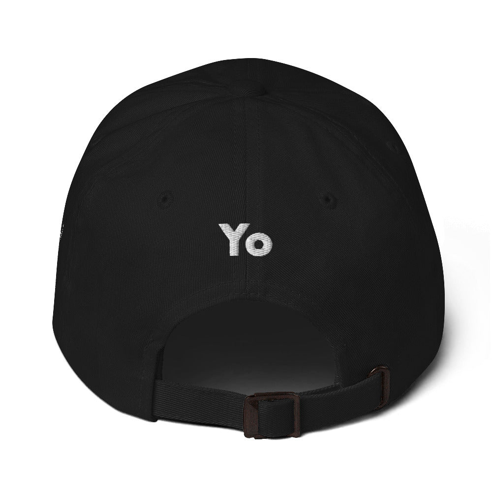 Hi classic dad baseball hat, Hi on the front, Yo on the back, waving hand emoji on left side in black, back