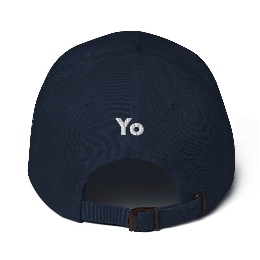 Hi classic dad baseball hat, Hi on the front, Yo on the back, waving hand emoji on left side in blue, back