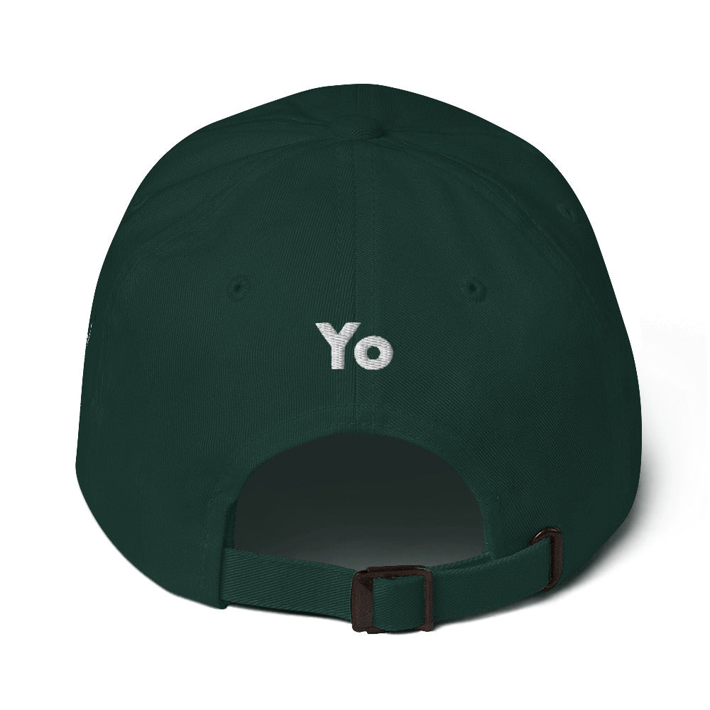 Hi classic dad baseball hat, Hi on the front, Yo on the back, waving hand emoji on left side in green, back