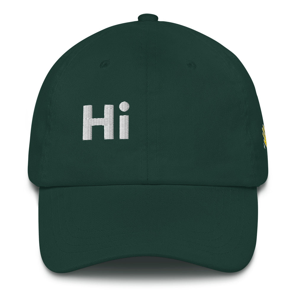 Hi classic dad baseball hat, Hi on the front, Yo on the back, waving hand emoji on left side in green, front