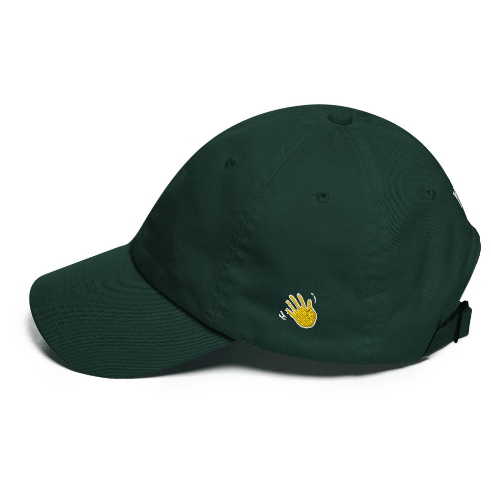 Hi classic dad baseball hat, Hi on the front, Yo on the back, waving hand emoji on left side in green, side