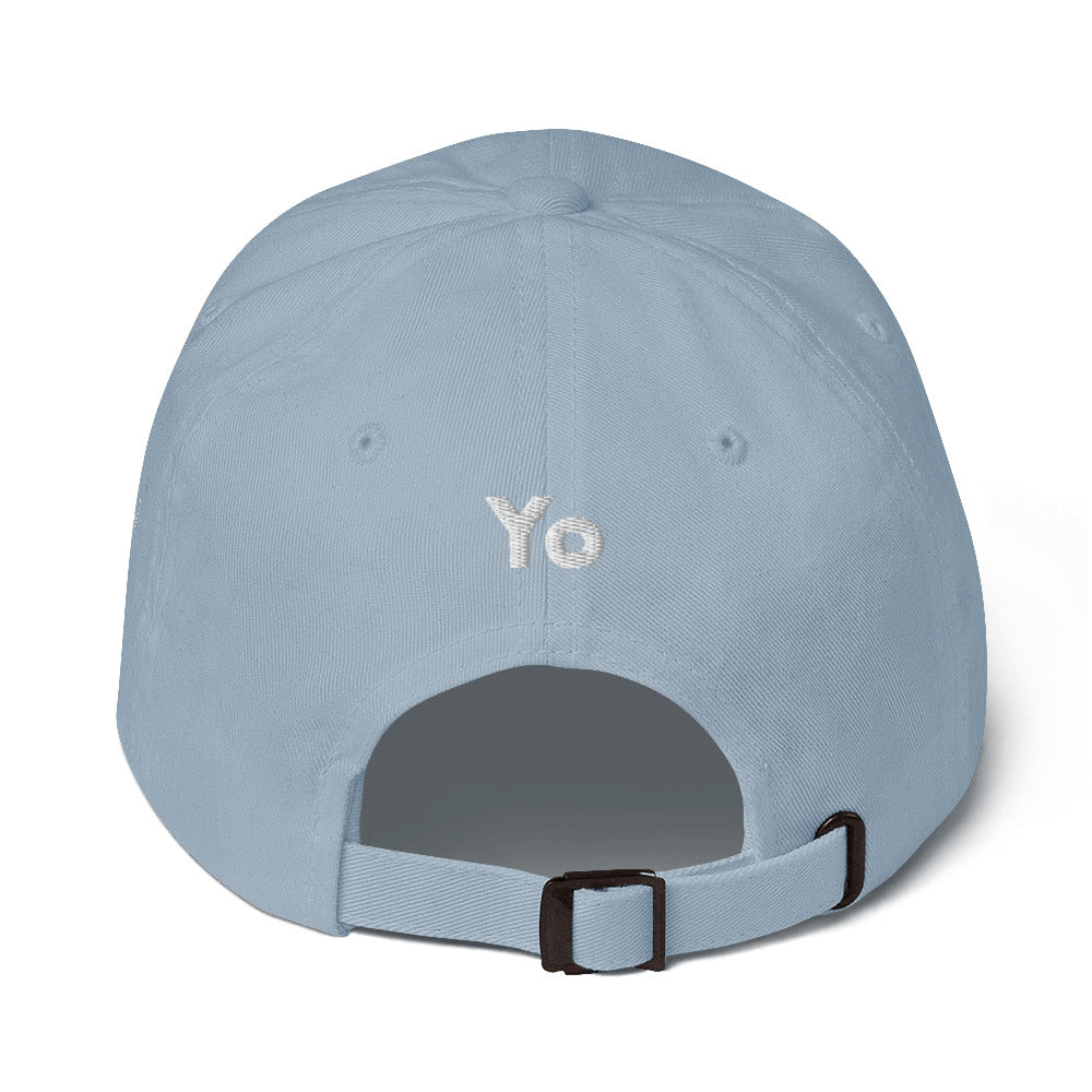 Hi classic dad baseball hat, Hi on the front, Yo on the back, waving hand emoji on left side in light blue, back