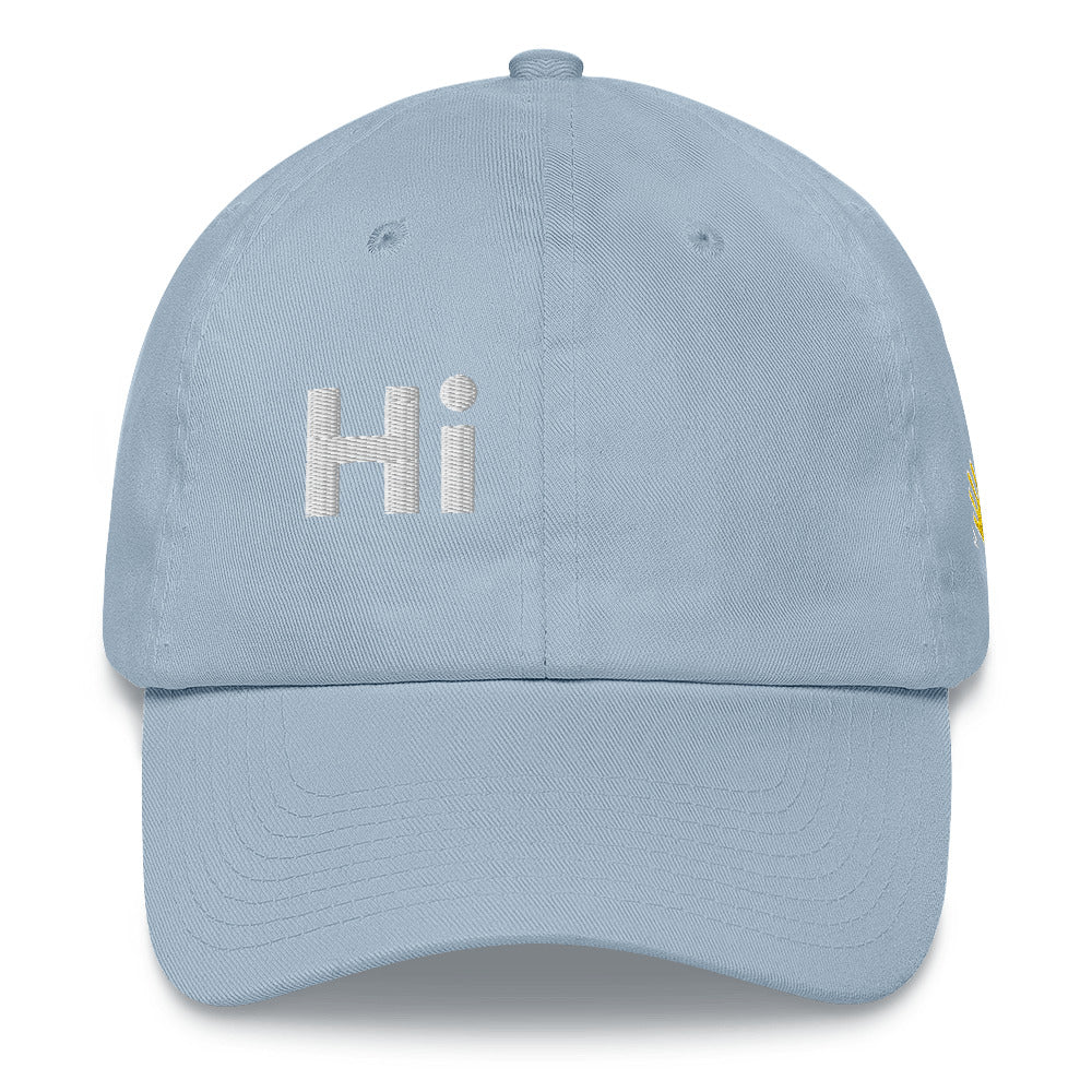 Hi classic dad baseball hat, Hi on the front, Yo on the back, waving hand emoji on left side in light blue, front