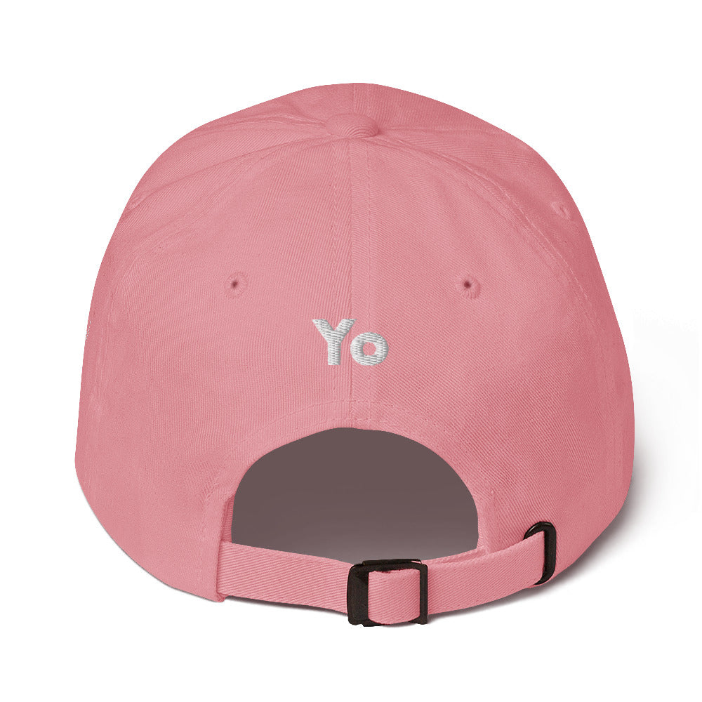 Hi classic dad baseball hat, Hi on the front, Yo on the back, waving hand emoji on left side in pink, back