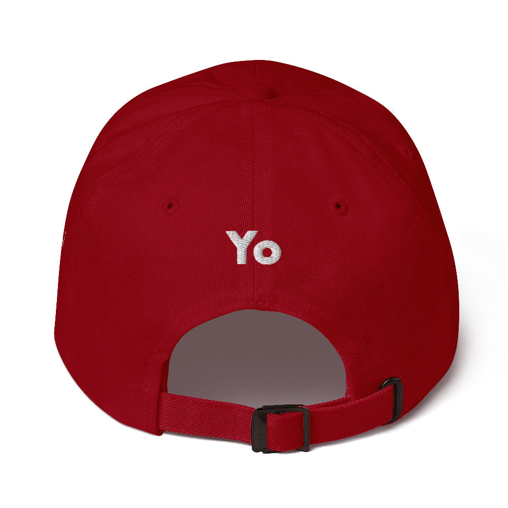 Hi classic dad baseball hat, Hi on the front, Yo on the back, waving hand emoji on left side in red, back