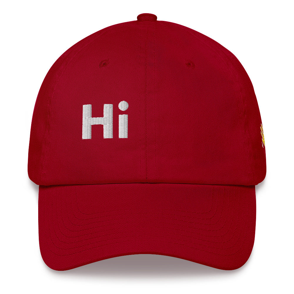 Hi classic dad baseball hat, Hi on the front, Yo on the back, waving hand emoji on left side in red front