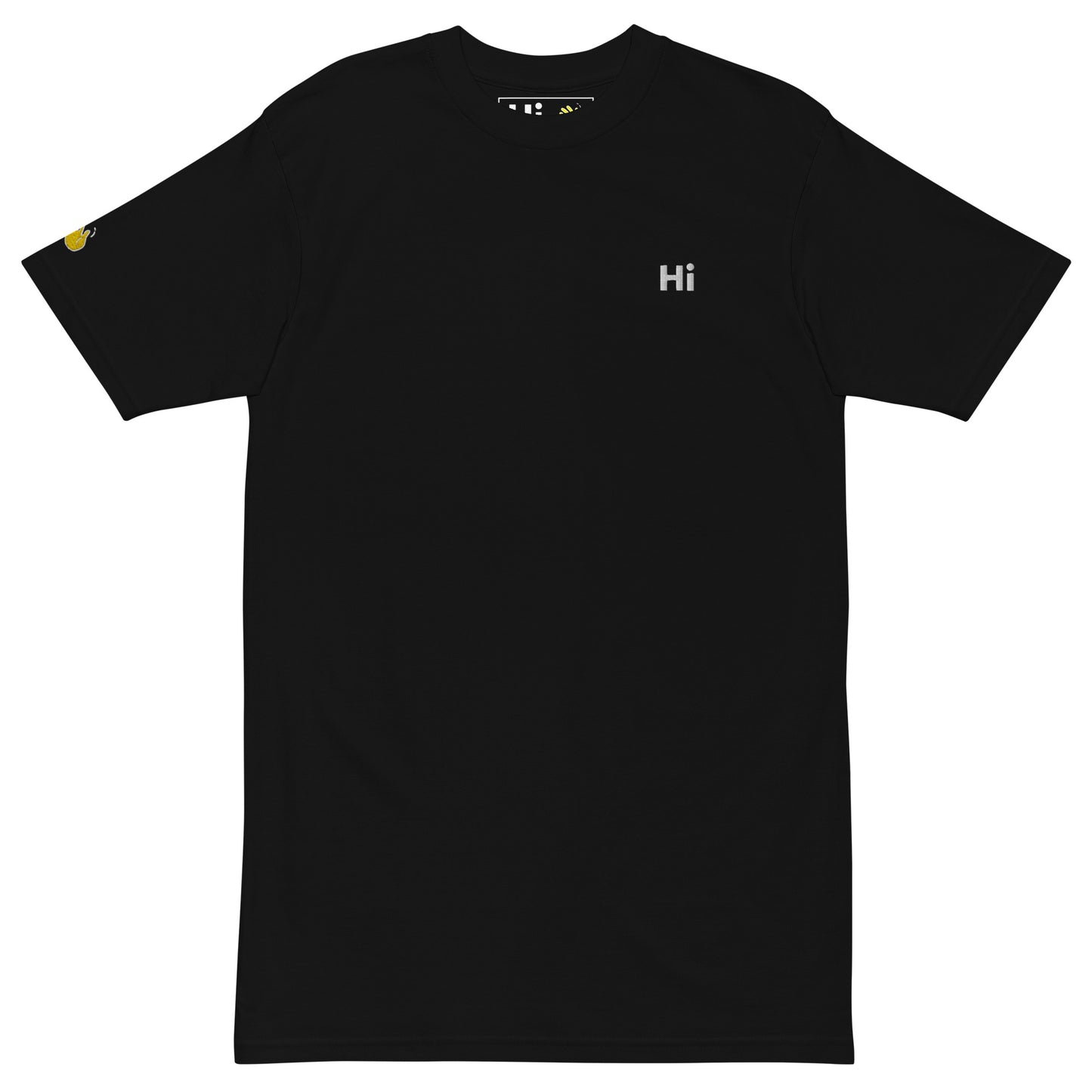 Hi embroidered lux greeting t shirt in black with Hi waving hand emoji patch on right sleeve