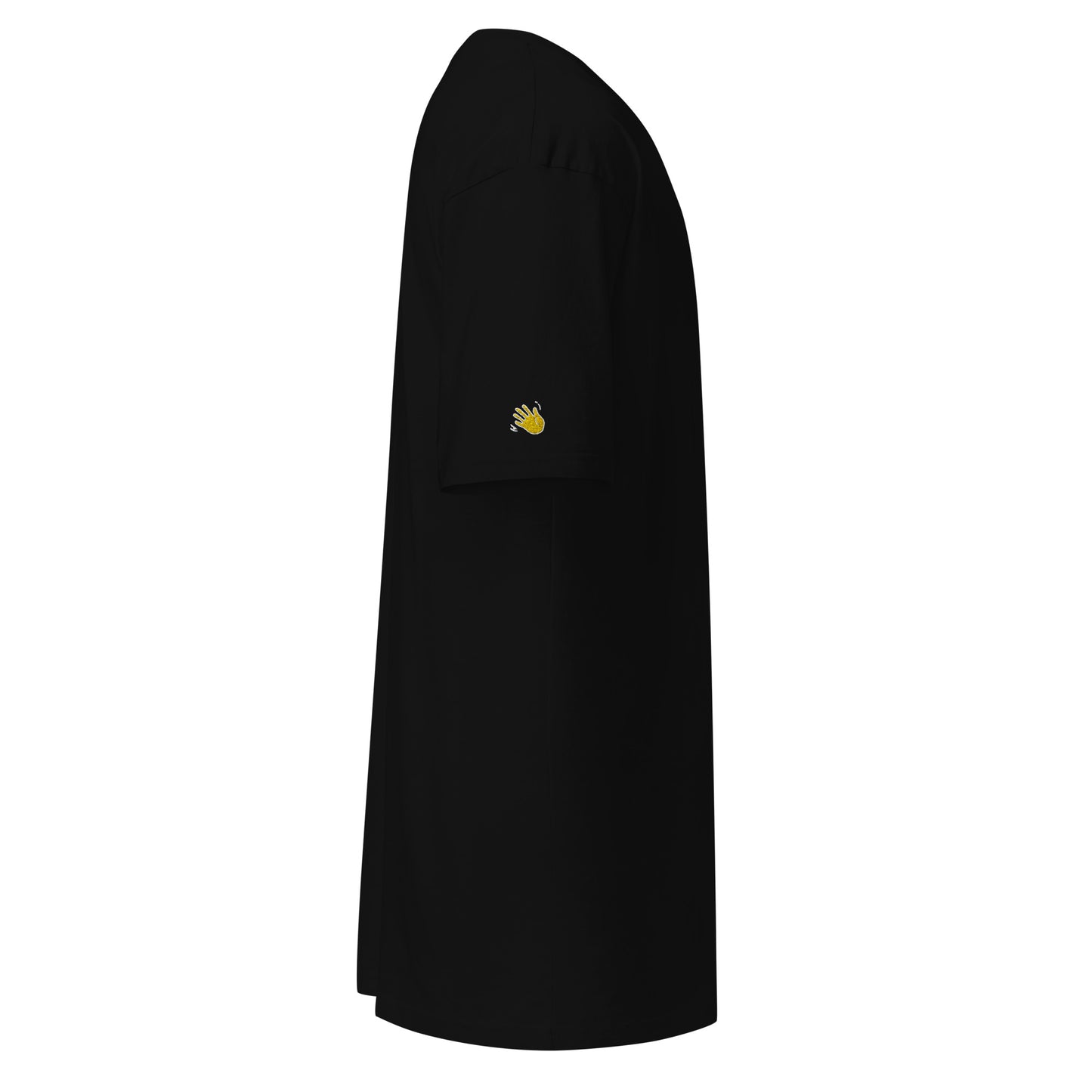 Hi embroidered lux greeting t shirt in black with Hi waving hand emoji patch on right sleeve