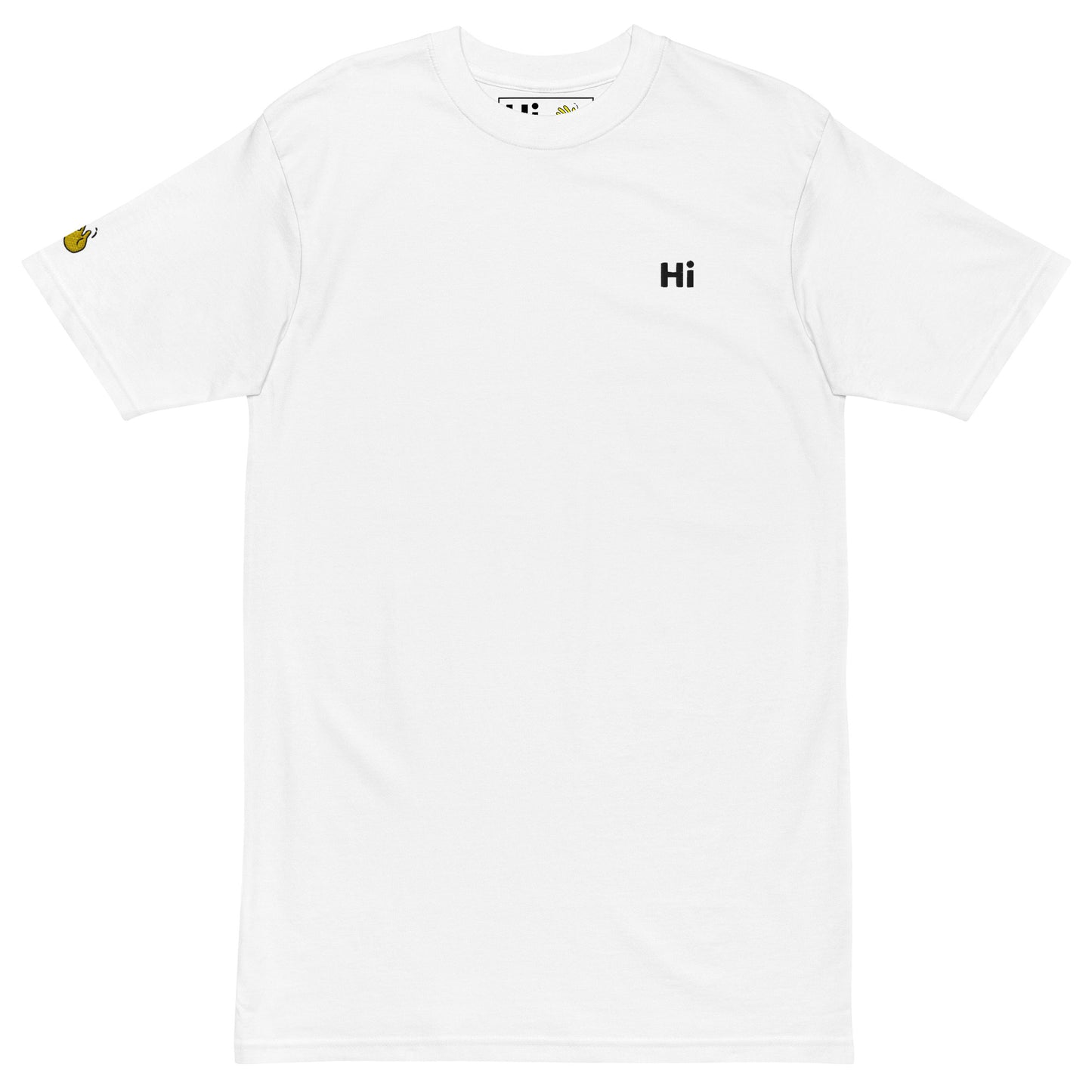 Hi embroidered lux greeting t shirt in white with Hi waving hand emoji patch on right sleeve