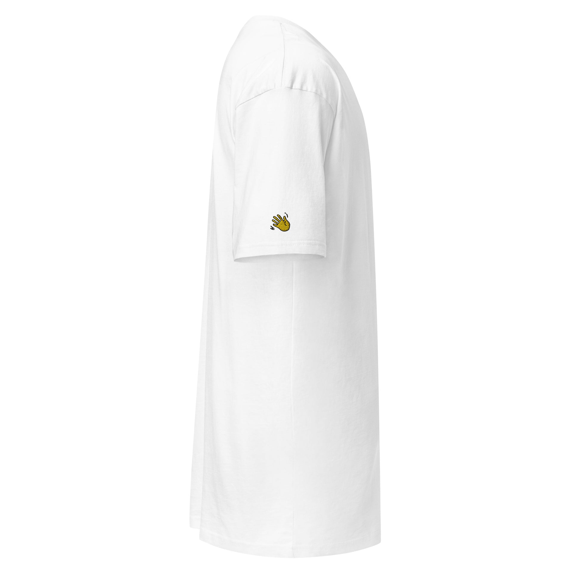 Hi embroidered lux greeting t shirt in white with Hi waving hand emoji patch on right sleeve