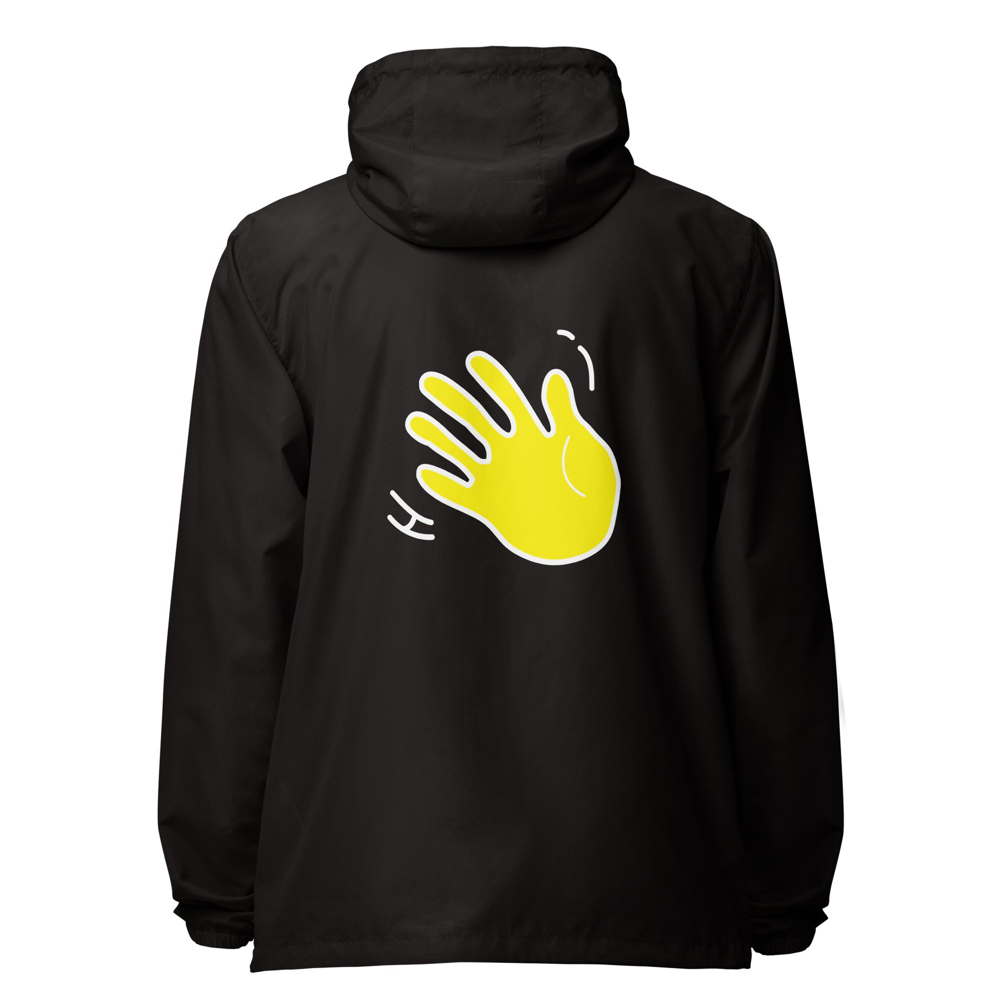 Hi zip up rain jacket and wind breaker coat, Hi logo on front, big waving hand emoji on back in black, back