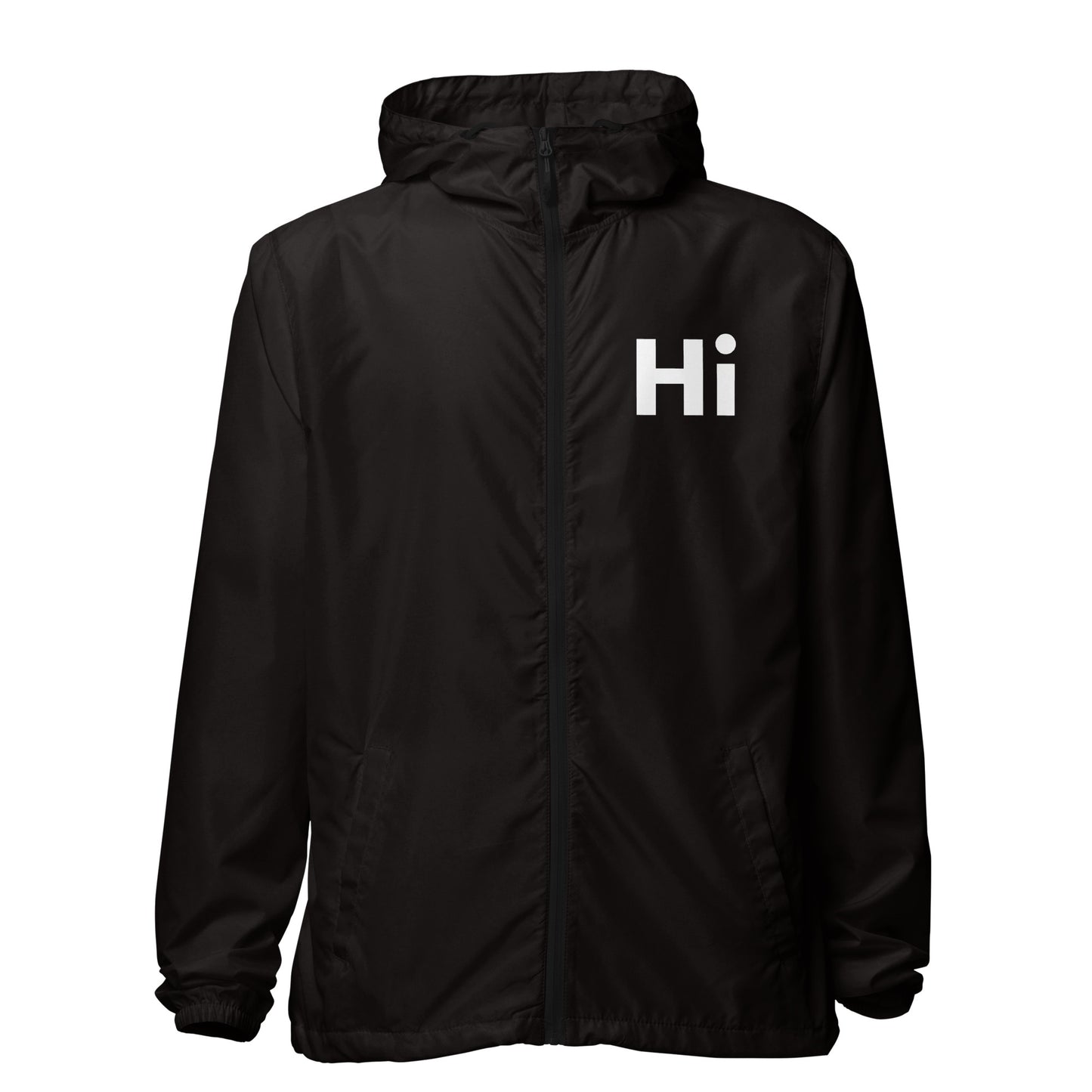 Hi zip up rain jacket and wind breaker coat, Hi logo on front, big waving hand emoji on back in black, front