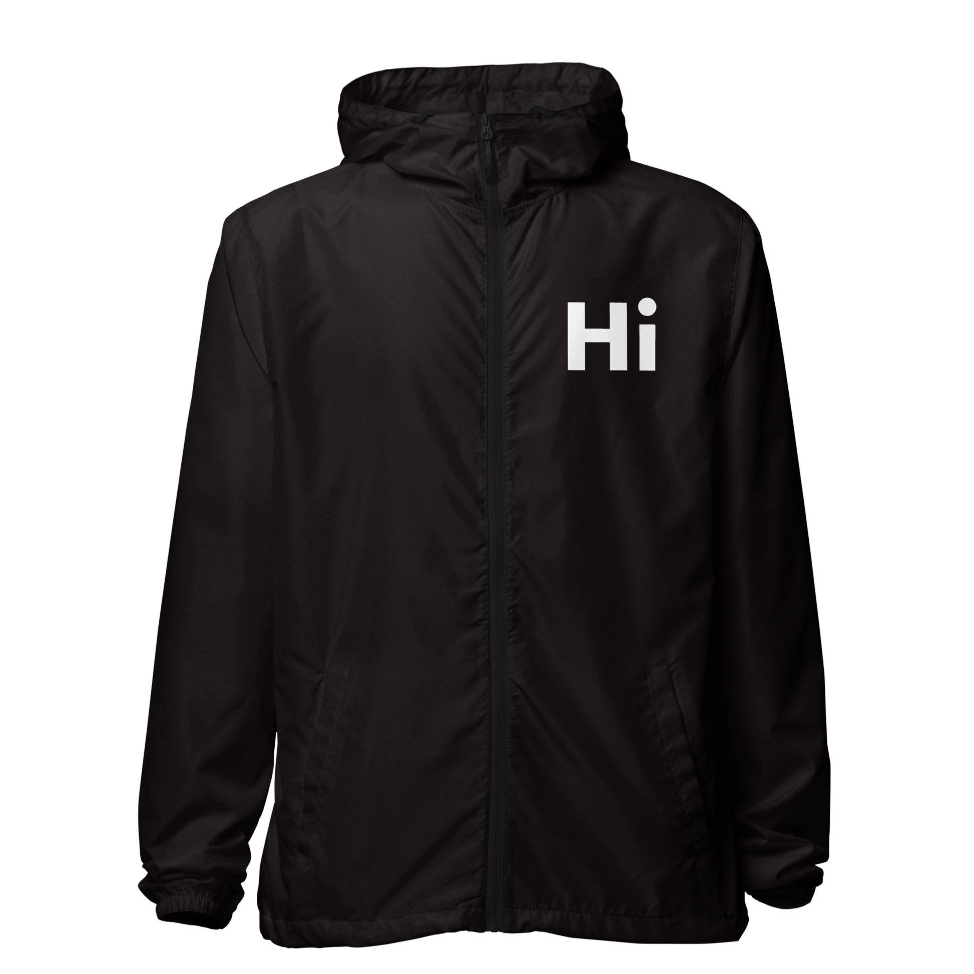 Hi zip up rain jacket and wind breaker coat, Hi logo on front, big waving hand emoji on back in black, front