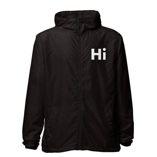 Hi zip up rain jacket and wind breaker coat, Hi logo on front, big waving hand emoji on back in black, front