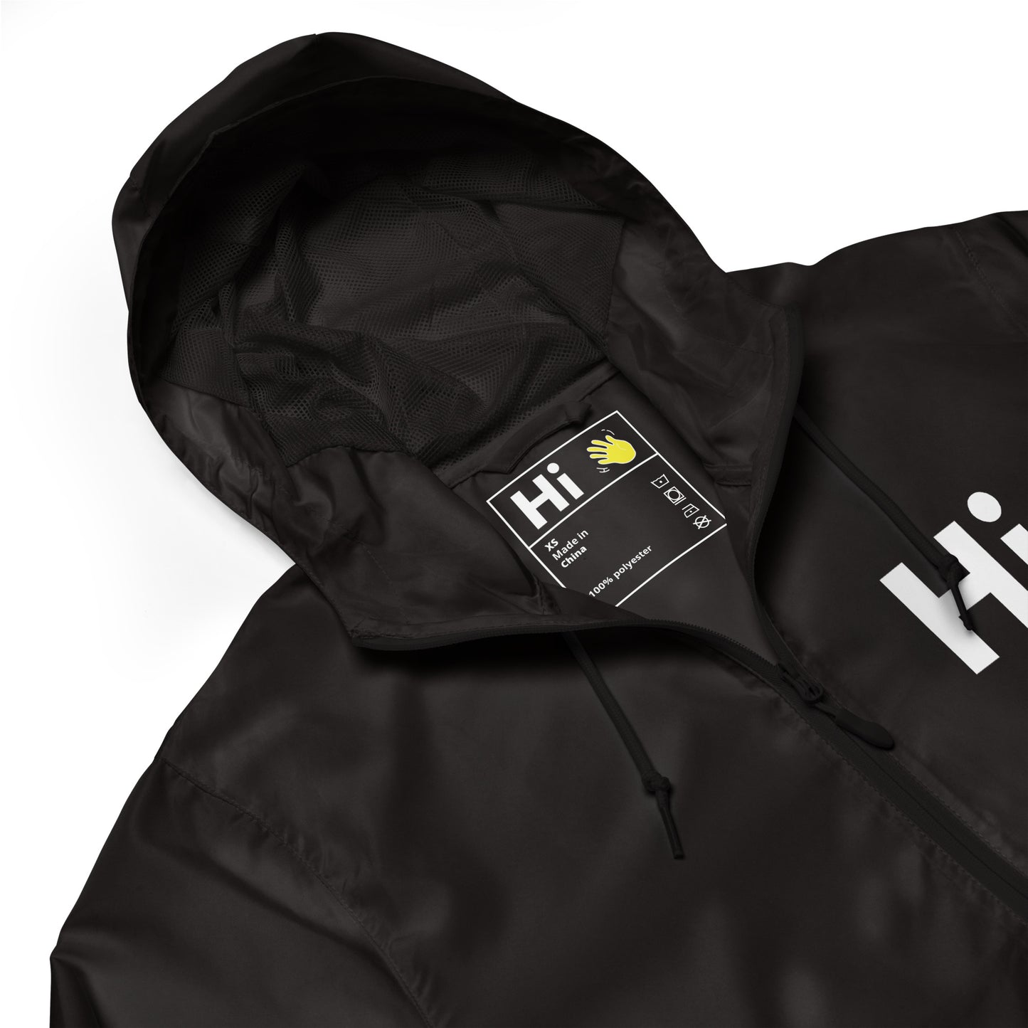 Hi zip up rain jacket and wind breaker coat, Hi logo on front, big waving hand emoji on back in black, front detail