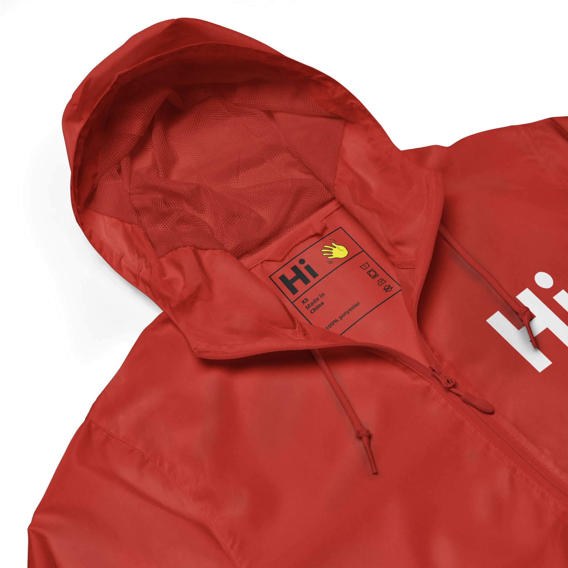 Hi zip up rain jacket and wind breaker coat, Hi logo on front, big waving hand emoji on back in red, front detail