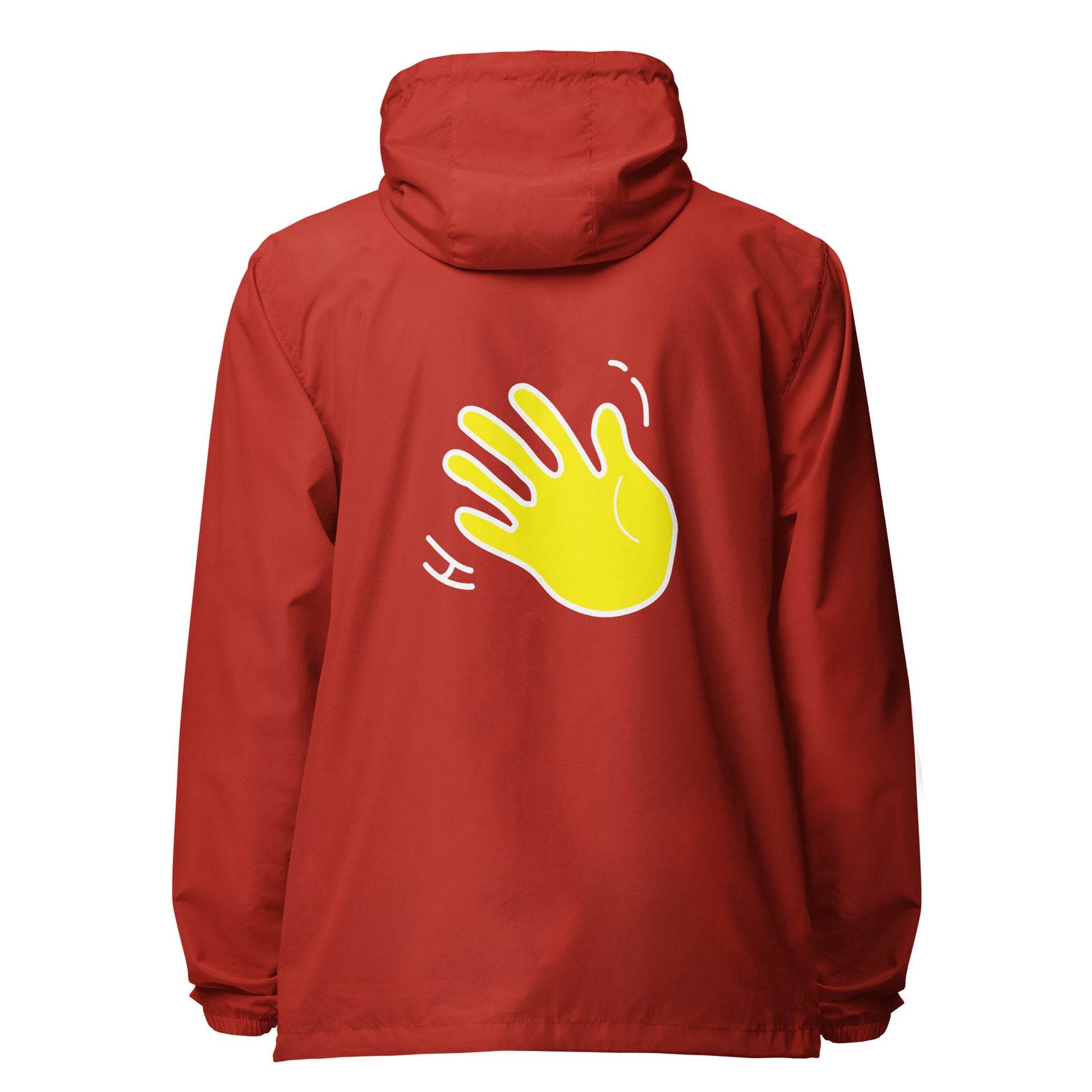 Hi zip up rain jacket wind breaker coat, Hi logo front, big waving hand emoji back in red, back