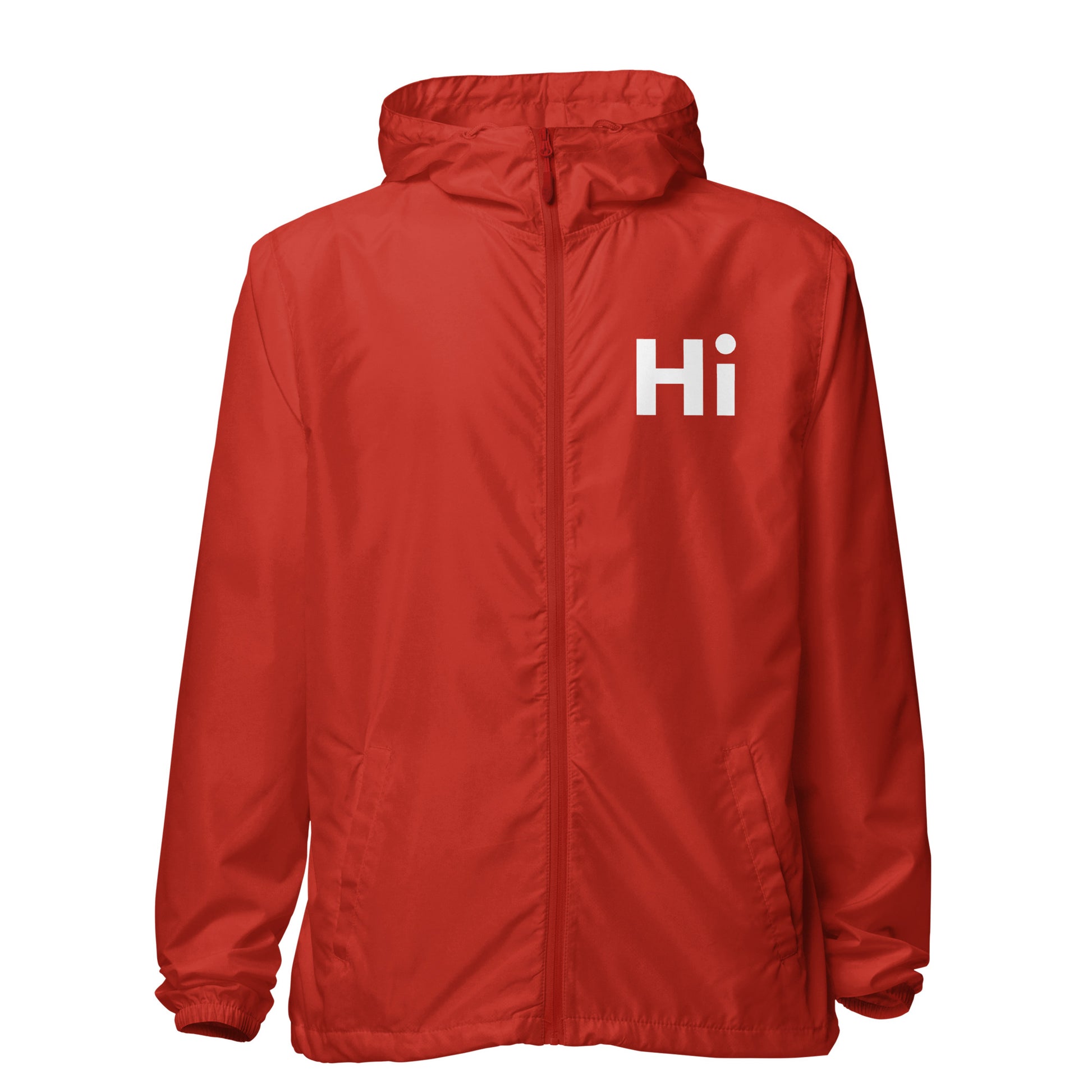Hi zip up rain jacket wind breaker coat, Hi logo front, big waving hand emoji back in red, front