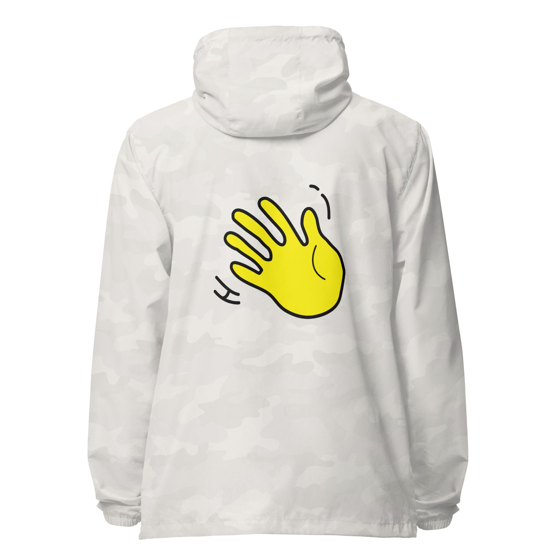 Hi zip up rain jacket wind breaker coat, Hi logo front, big waving hand emoji back in white camo, back