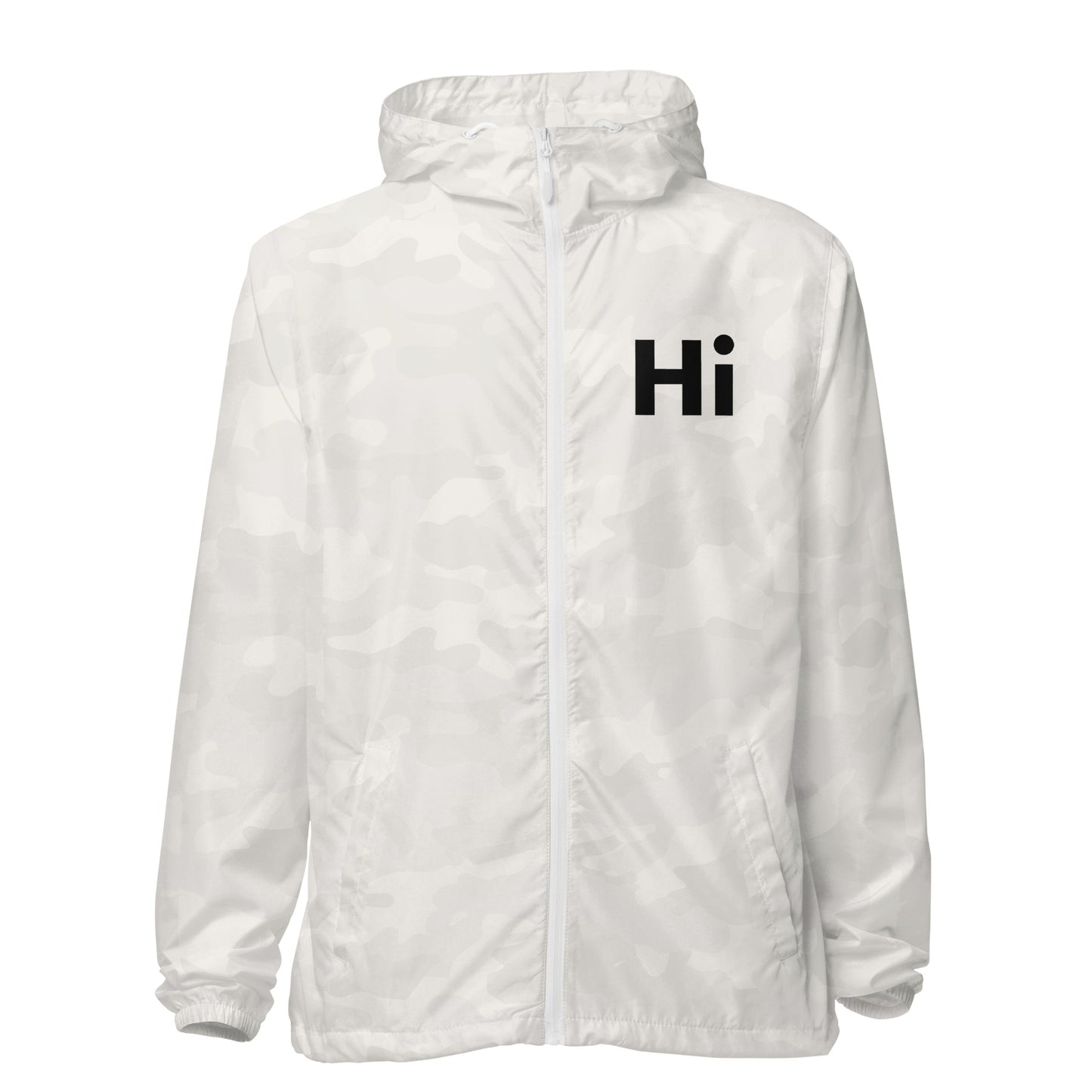Hi zip up rain jacket wind breaker coat, Hi logo front, big waving hand emoji back in white camo, front