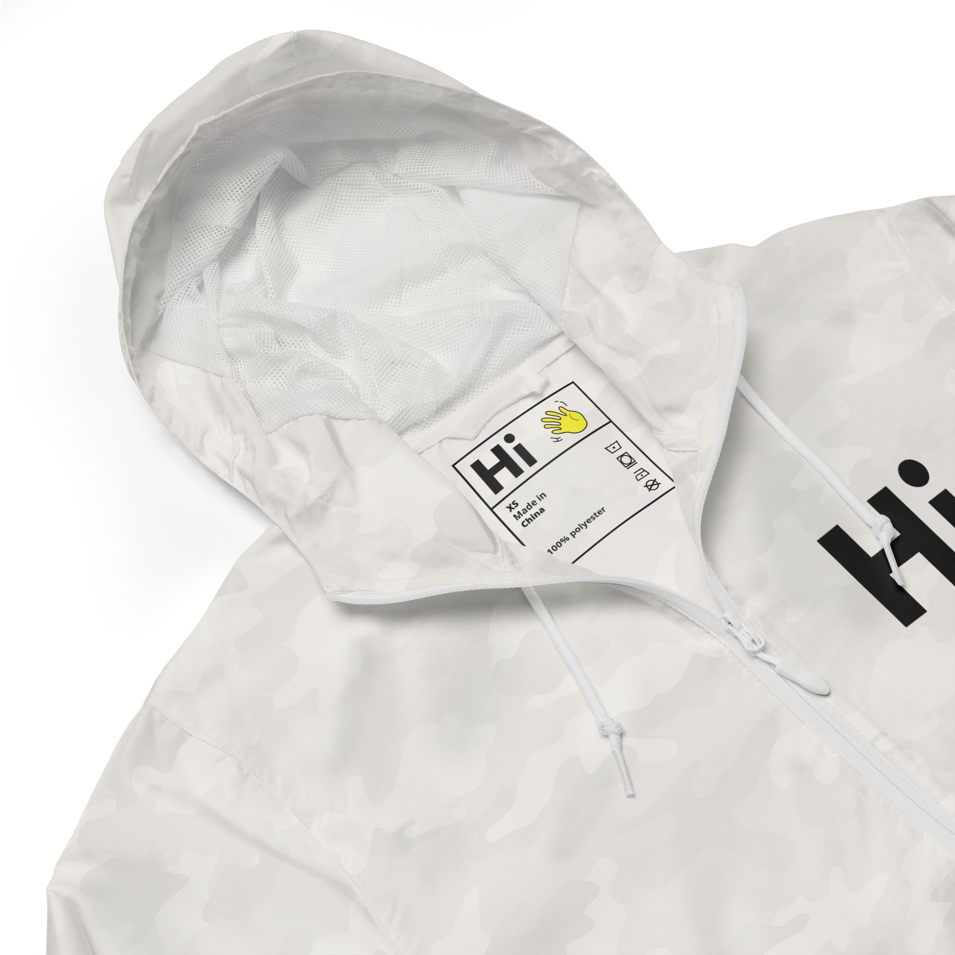 Hi zip up rain jacket wind breaker coat, Hi logo front, big waving hand emoji back in white camo, front detail